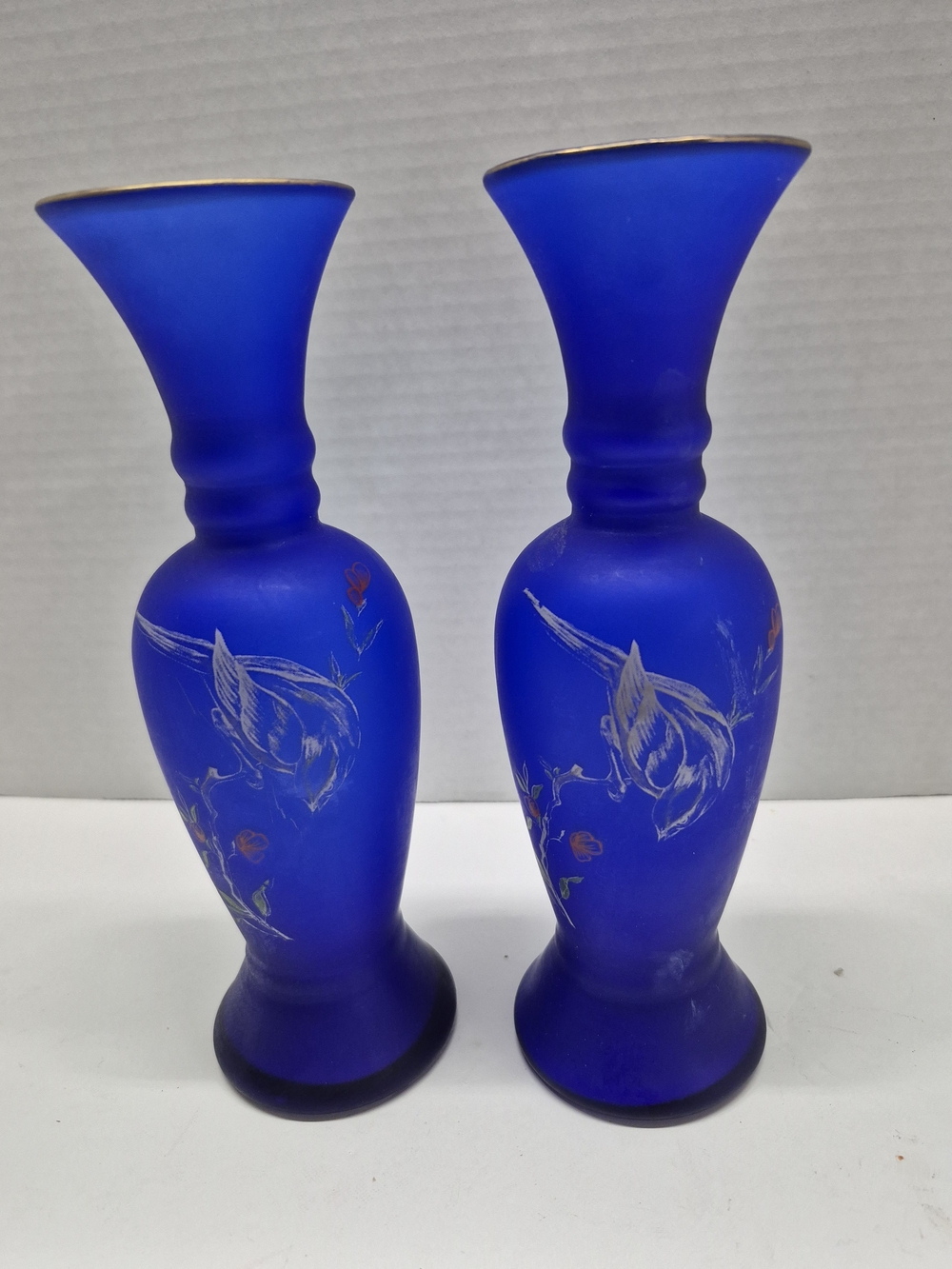 Cobalt Mid-Century Blue Frosted Glass Vases with Hand Painted Bird Motif - Pair